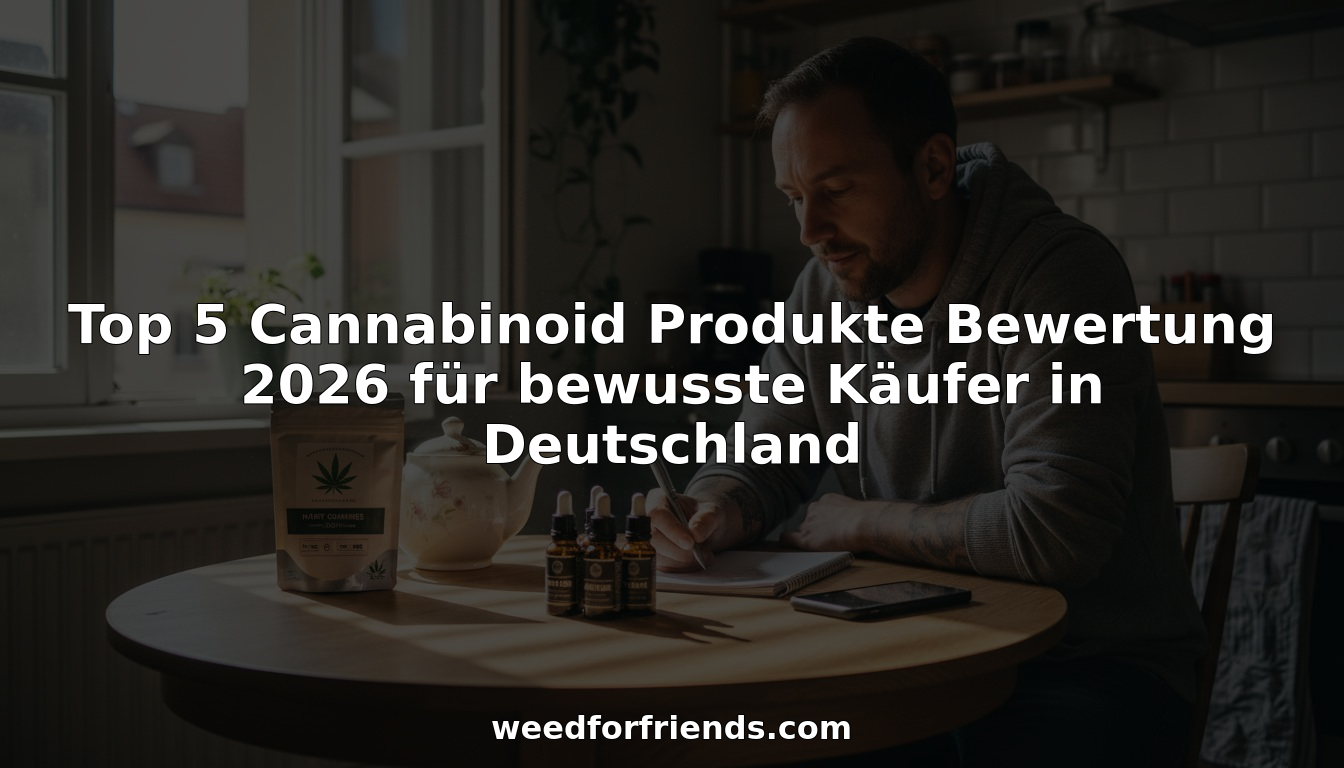Ein Mann sitzt zu Hause am Tisch und schaut sich verschiedene Cannabinoid-Produkte ganz genau an.