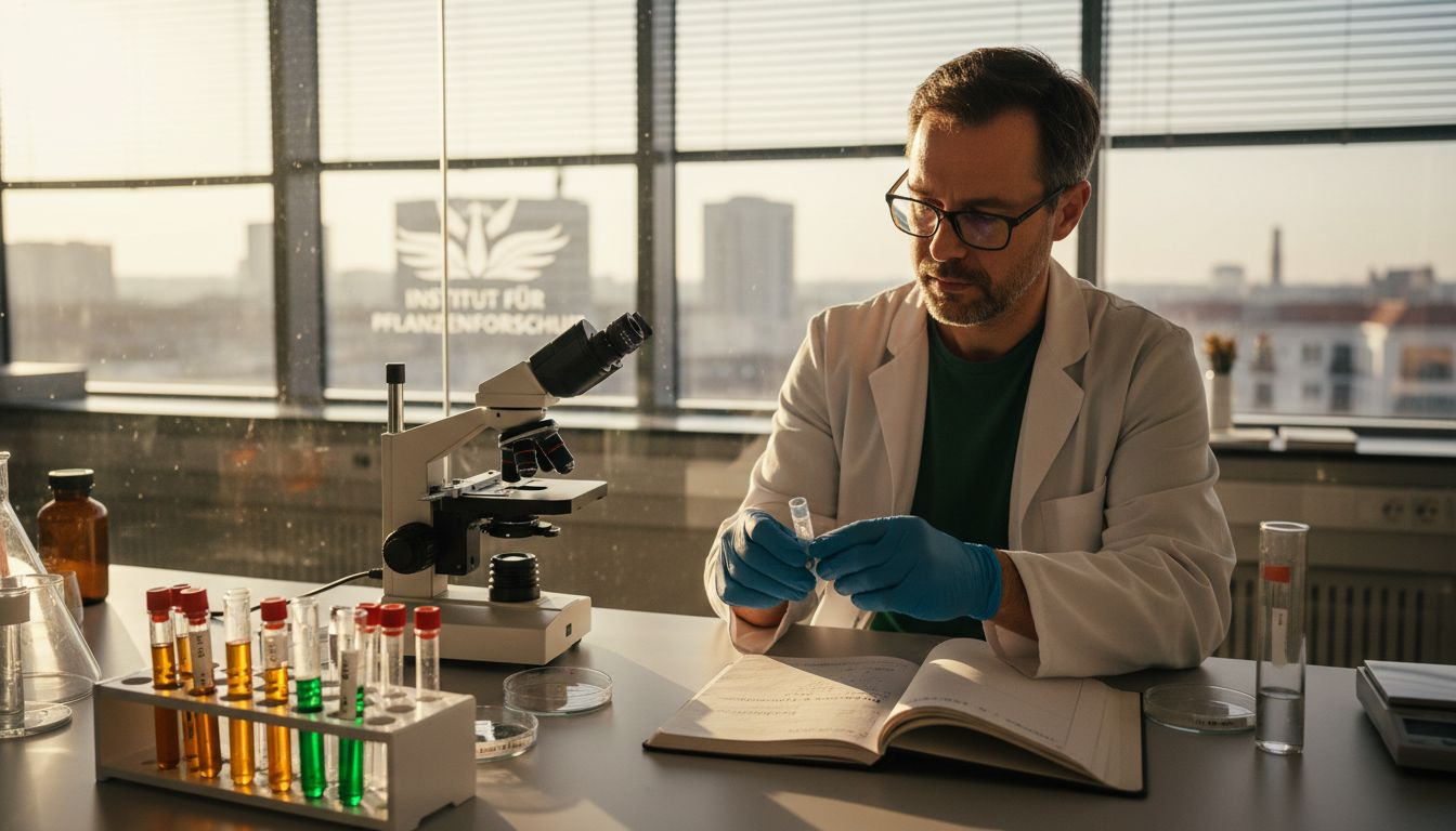 Ein Labortechniker untersucht verschiedene Cannabisproben unter dem Mikroskop.