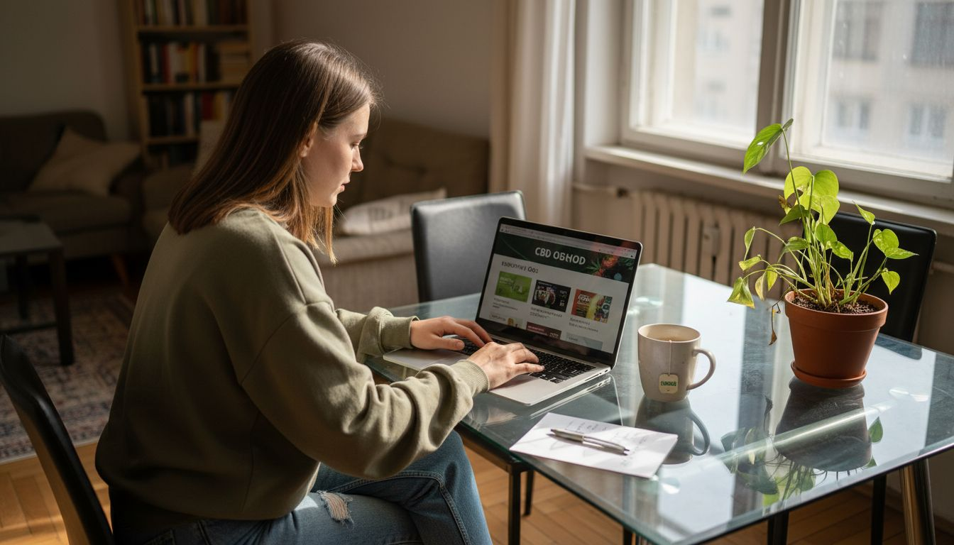 Žena si doma v pohodlí prohlíží nabídku CBD produktů na internetu.